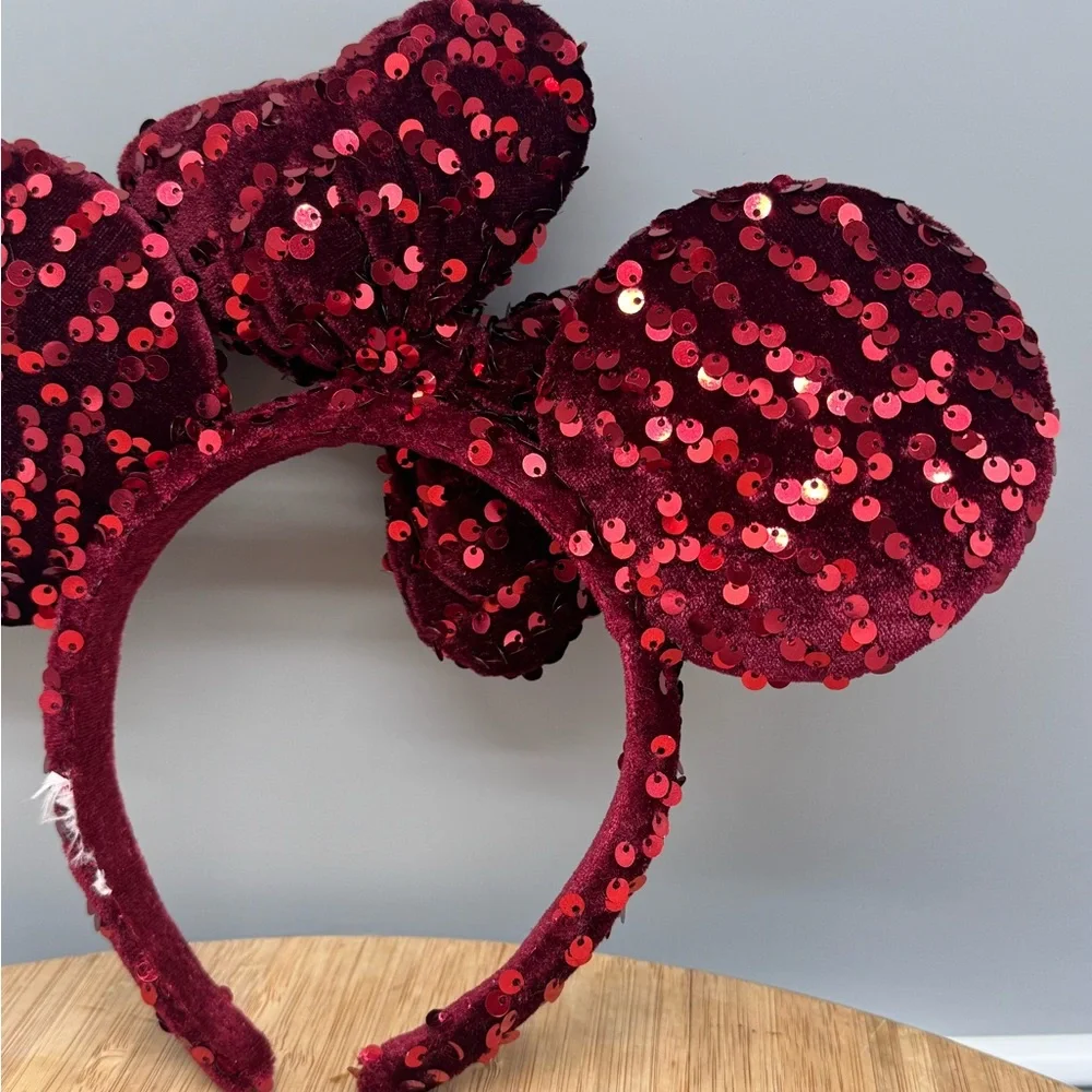 Disney‎ Parks Minnie Ears Dark Red Velour Sequin Tokyo Disneyland Japan Headband